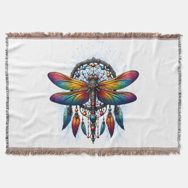 Farbiger psychedelischer Libellen-Traumfänger Boho Decke (Vorderseite)