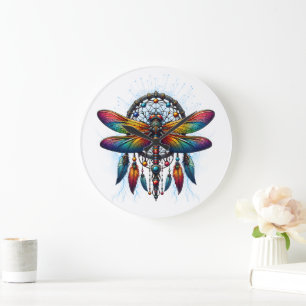 Farbiger psychedelischer Libellen-Traumfänger Boho Große Wanduhr