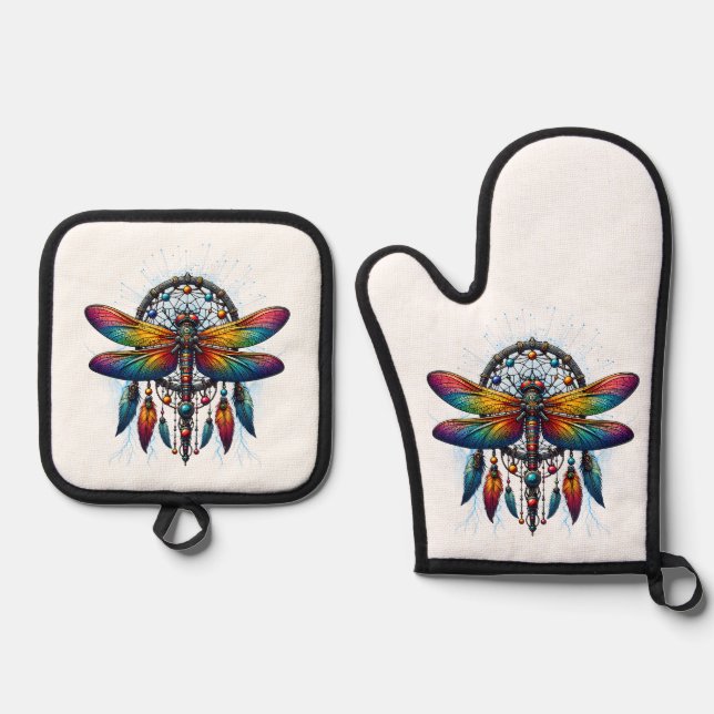Farbiger psychedelischer Libellen-Traumfänger Boho Ofenhandschuh & Topflappen-Set (Vorderseite)