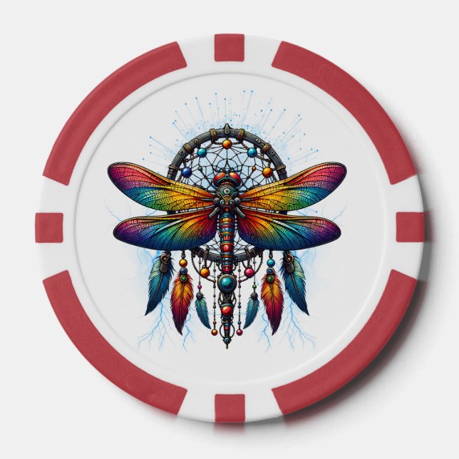 Farbiger psychedelischer Libellen-Traumfänger Boho Pokerchips (Vorderseite)