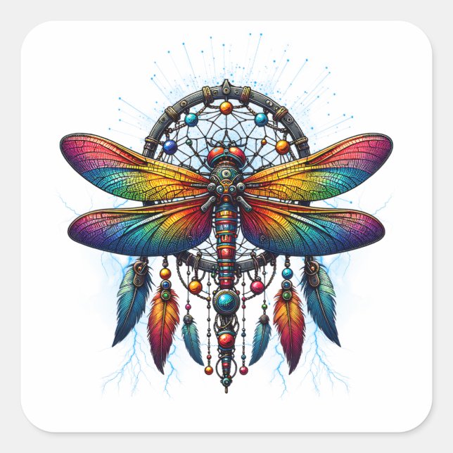 Farbiger psychedelischer Libellen-Traumfänger Boho Quadratischer Aufkleber (Vorderseite)