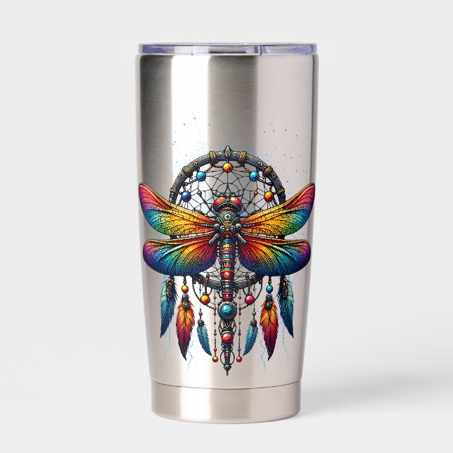 Farbiger psychedelischer Libellen-Traumfänger Boho Thermobecher (Vorderseite)
