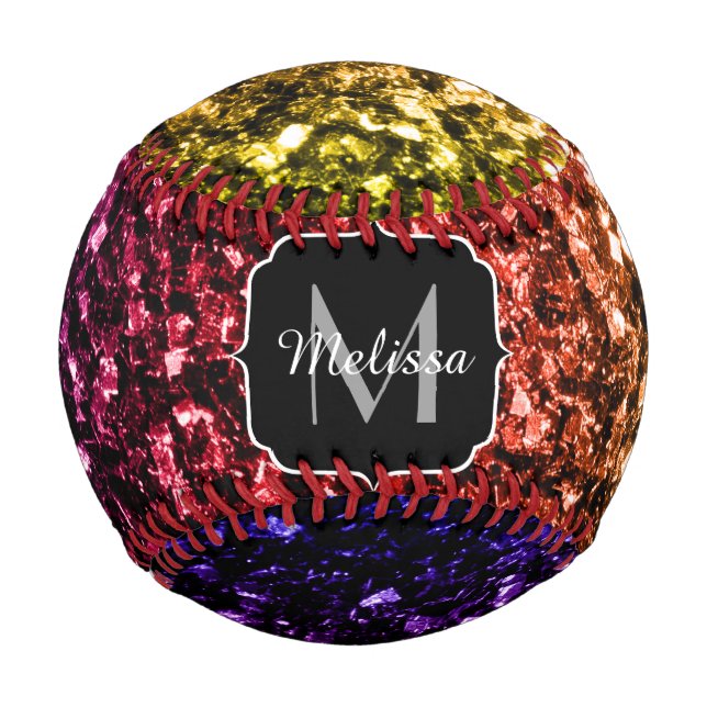 Farbiger Rainbow-Glitzer-Funkel Monogram-Name Baseball (Vorderseite)