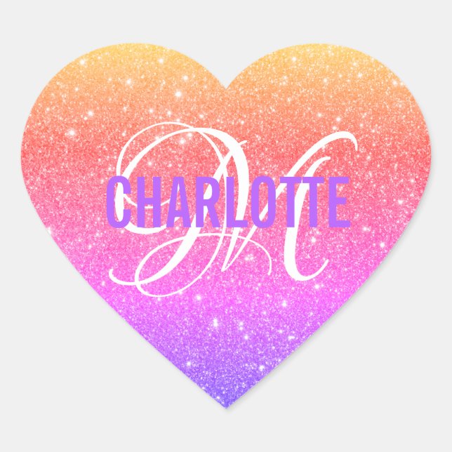 Farbiger Rainbow-Glitzer Monogramm-Name Herz-Aufkleber (Vorderseite)