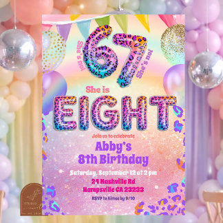 Farbiger Regenbogen Leopard 67 8. Geburtstagseinla Einladung