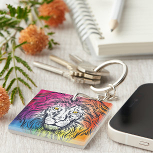 Farbiger Regenbogen Löwenkopf Bold Wildlife Schlüsselanhänger