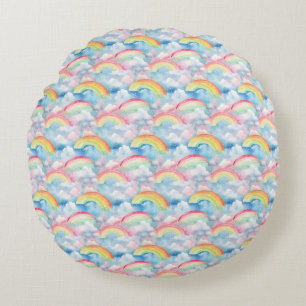 Farbiger Regenbogen, Wolke und Schneeflocke Nahtlo Rundes Kissen