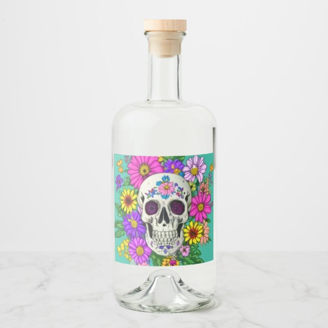 farbiger Schädel mit Blume Alkoholflaschenetikett (Vorderseite)