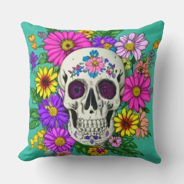 farbiger Schädel mit Blume Kissen Kissen (Vorderseite)