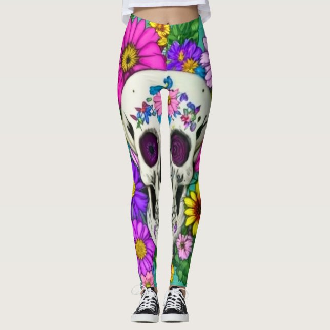 farbiger Schädel mit Blume Leggings (Vorderseite)