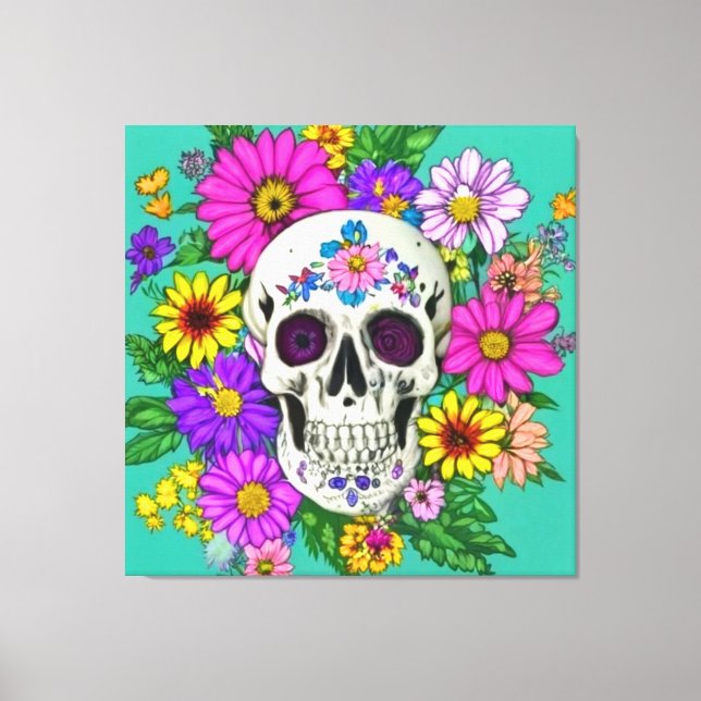 farbiger Schädel mit Blume Leinwanddruck (Vorderseite)
