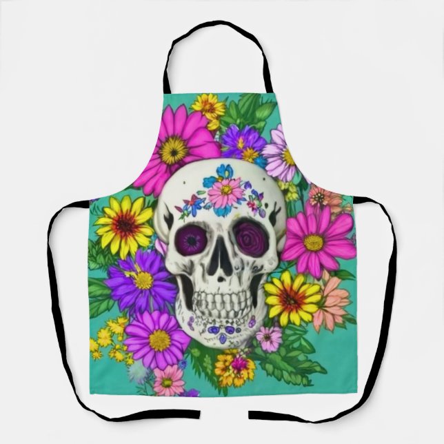 farbiger Schädel mit Blume Schürze (Vorderseite)