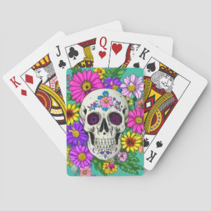 farbiger Schädel mit Blume Spielkarten