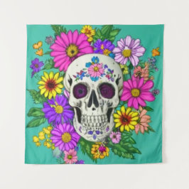 farbiger Schädel mit Blume Wandteppich