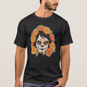 Farbiger Schädel und Blume T-Shirt