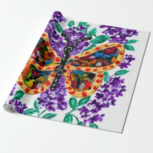 Farbiger Schmetterling und violette Flieder Geschenkpapier