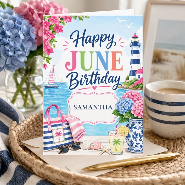 Farbiger Sommer Küstenname Juni Geburtstag Karte (Von Creator hochgeladen)