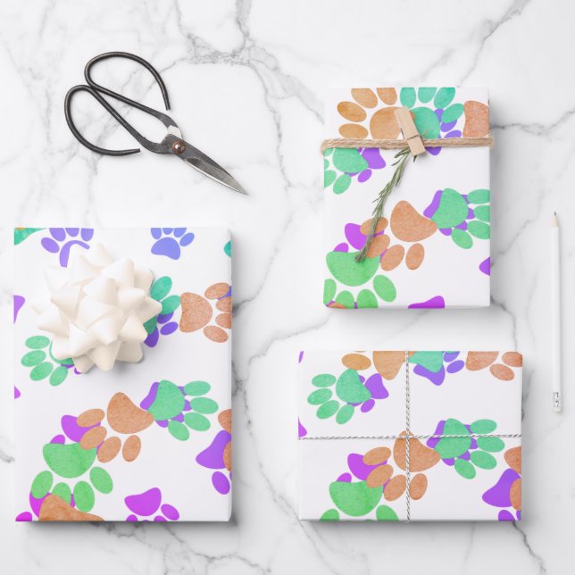 Farbiger Spiralhund Pawprint Geschenkpapier Set (Vorderseite)