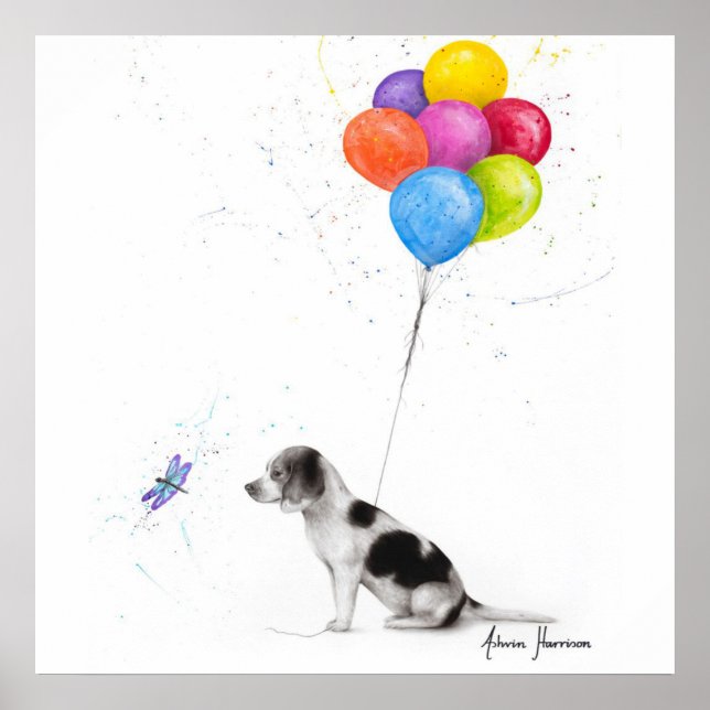 Farbiger Stift Zeichnend Beagle Hund und Balloons Poster (Vorne)