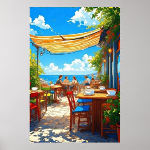 Farbiger Strandcafé-Patio unter freiem Himmel Poster