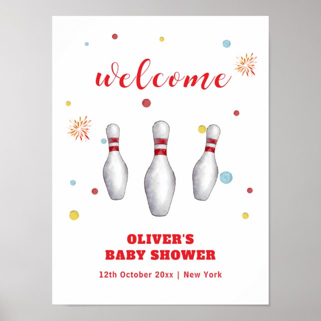 Farbiger Strike Up Bowling Baby Shower Willkommen Poster (Vorne)