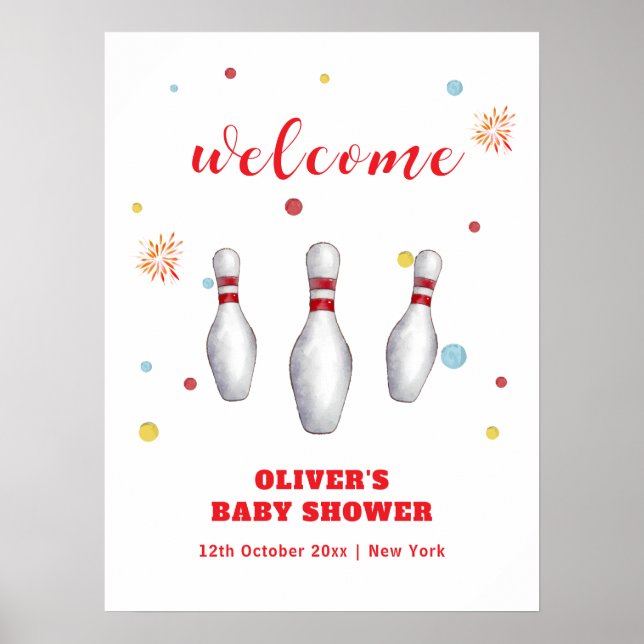 Farbiger Strike Up Bowling Baby Shower Willkommen Poster (Vorne)