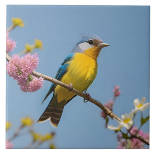 Farbiger Vogel auf blühendem Ast Fliese