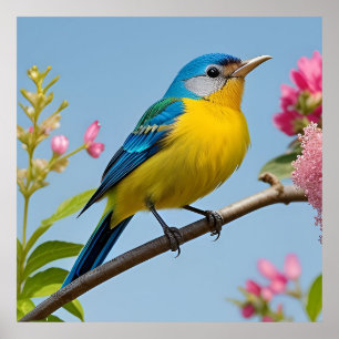 Farbiger Vogel auf blühendem Ast Poster