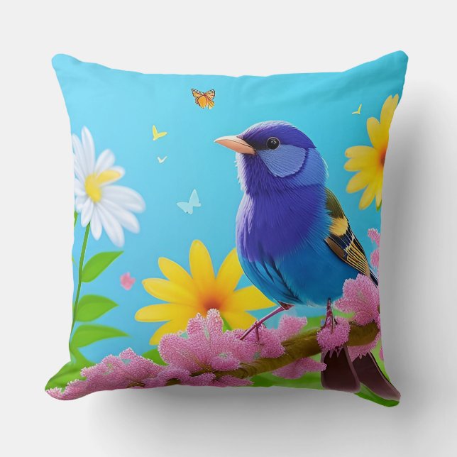 Farbiger Vogel auf blühender Zweigstelle Kissen (Vorderseite)