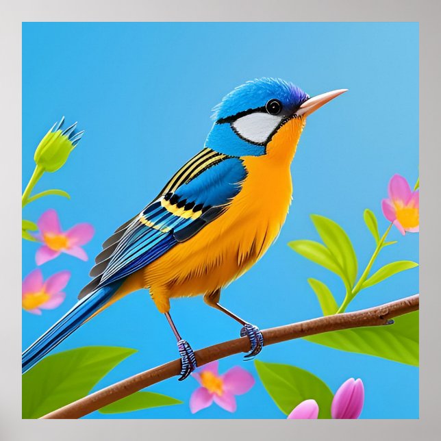 Farbiger Vogel auf blühender Zweigstelle Poster (Vorne)