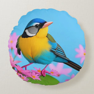 Farbiger Vogel auf blühender Zweigstelle Rundes Kissen