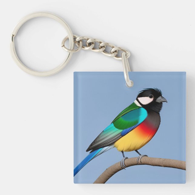 Farbiger Vogel auf einer Holzpfeife Schlüsselanhänger (Vorderseite)