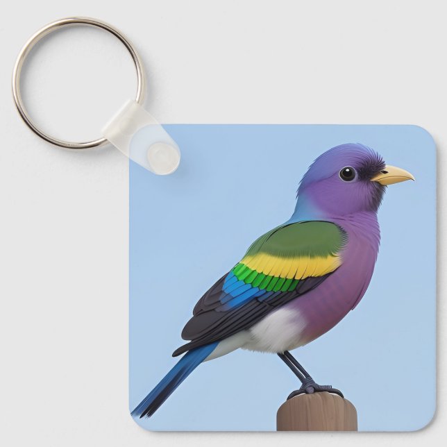 Farbiger Vogel auf einer Holzpfeife Schlüsselanhänger (Vorderseite)