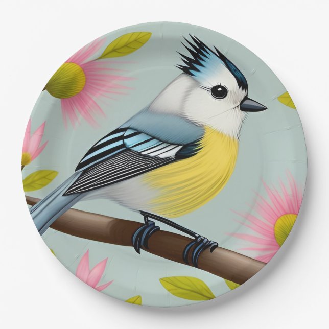 Farbiger Vogel auf Zweig Gerahmt mit Blume Pappteller (Vorderseite)