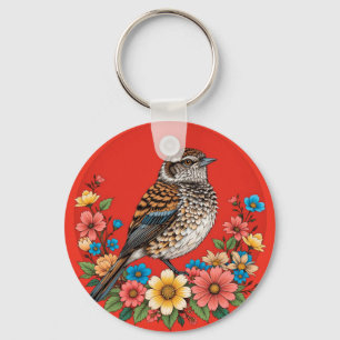 Farbiger Vogel auf Zweig Gerahmt mit Blume Schlüsselanhänger