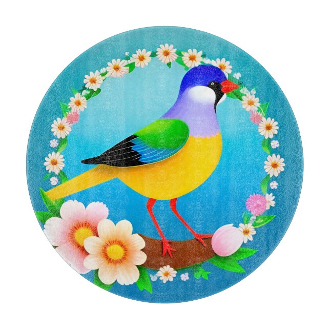 Farbiger Vogel auf Zweig Gerahmt mit Blume Schneidebrett (Vorderseite)