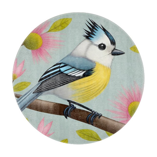 Farbiger Vogel auf Zweig Gerahmt mit Blume Schneidebrett (Vorderseite)