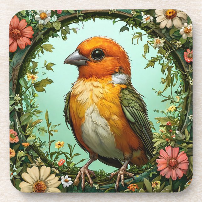 Farbiger Vogel mit Blumenrahmen Getränkeuntersetzer (Vorderseite)