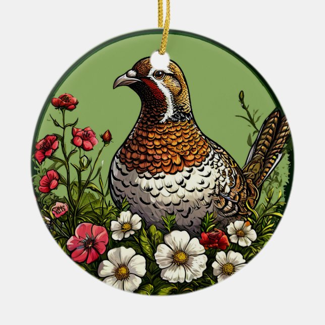 Farbiger Vogel mit Blumenrahmen Keramik Ornament (Vorne)