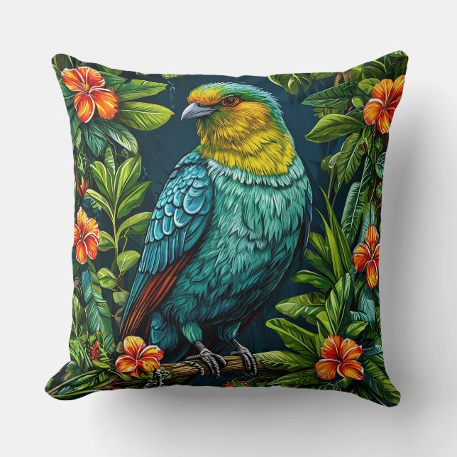 Farbiger Vogel mit Blumenrahmen Kissen (Vorderseite)