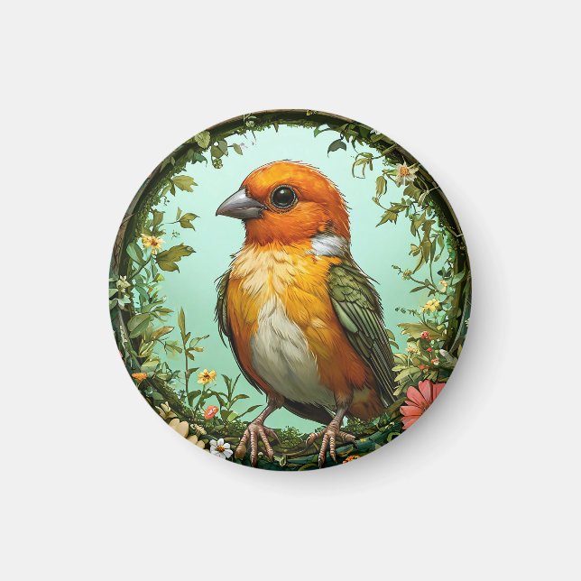 Farbiger Vogel mit Blumenrahmen Magnet (Vorne)