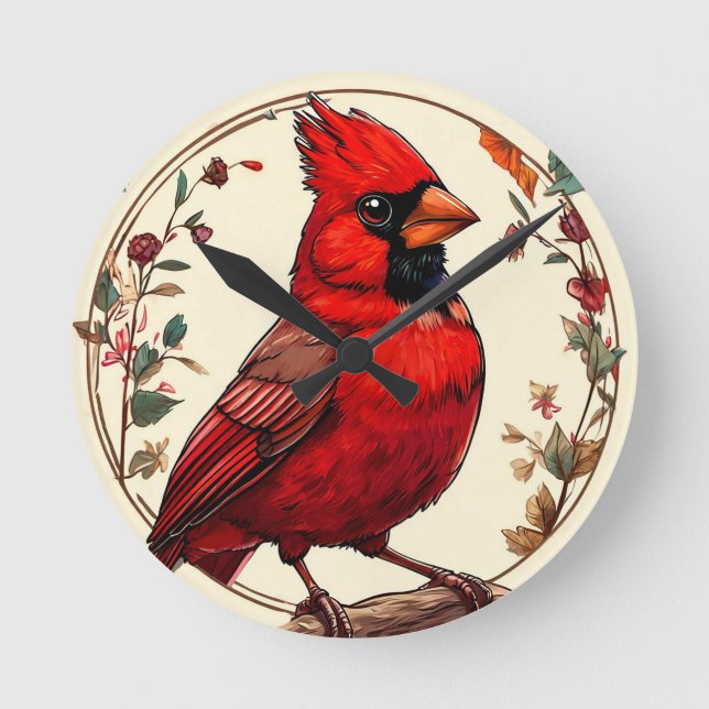 Farbiger Vogel mit Blumenrahmen Runde Wanduhr (Vorderseite)