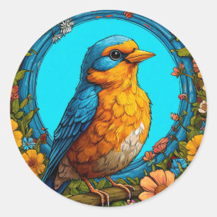 Farbiger Vogel mit Blumenrahmen Runder Aufkleber
