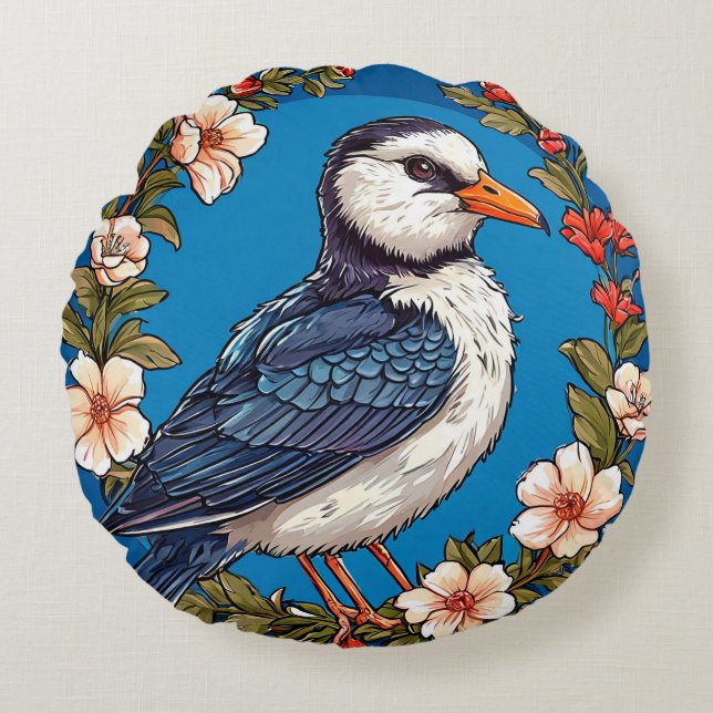 Farbiger Vogel mit Blumenrahmen Rundes Kissen (Vorderseite)