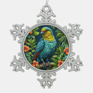 Farbiger Vogel mit floralem Rahmen Schneeflocken Zinn-Ornament
