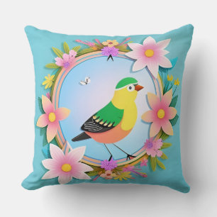 Farbiger Vogel umgeben von einem Blumenkranz Kissen