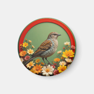 Farbiger Vogel zwischen blühenden Blumen in dekora Magnet