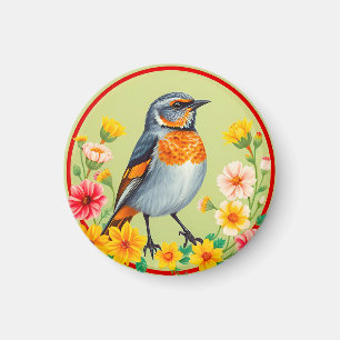 Farbiger Vogel zwischen blühenden Blumen Magnet