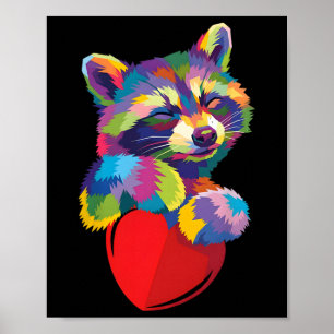 Farbiger Waschbär umarmt Herz Pop-Art-Illustration Poster