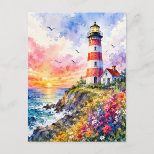 Farbiger Wasserfarben-Leuchtturm am Meer Postkarte